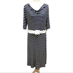 Mikarose Navy White Striped Draped Neck 3/4 Sleeve W/ Belt Jersey Dress Sz XL